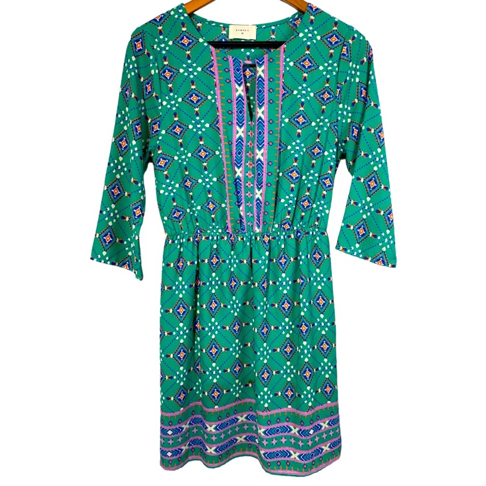 Everly Geometric Pattern Turquoise 3/4 Sleeve Shift Dress Women’s Small Boho
